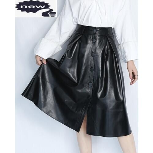 Elegant Sheepskin Real Leather Women Loose Single Breasted Mid Skirts Vintage High Waist Office Lady Pleated Skirt