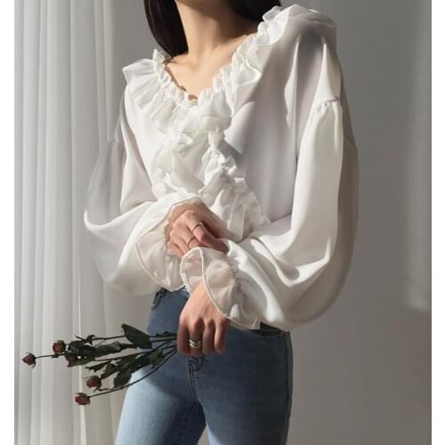 HStar Women Blouses Spring Chiffon Fashion Casual Loose Ruffles V-Neck Solid Shirt Long Sleeve Women Blusas Mujer