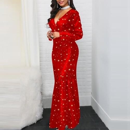 Woman Dress 2021 Spring Elegant Sexy Deep V Neck Banquet Long Party Dress Casual Plus Size Slim Star Print Mermaid Maxi Dresses