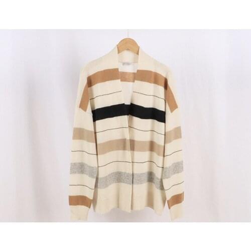 Women Sweater 2021 Autumn and Winter 100% Cashmere Knit Long-sleeved Cardigan Concealed Button Striped Women Jacket Sweater
