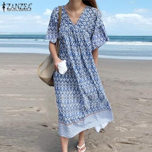 Kaftan Womens Print Sundress Summer Dress 2021 ZANZEA Beach Short Sleeve Mid-Calf Vestidos Female V Neck Robe Femme