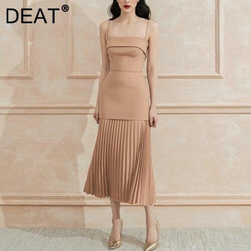 DEAT Woman Midi Dress Solid Pleated Hem Patchwork Spaghetti Strap Empire Waist Trumpet Elegant Fashion 2021 New Summer15XF791