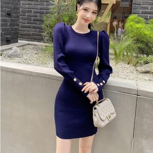2021 Autumn Winter Square Collar Long Puff Sleeve Package Hip Sweater Dress Sashes Belted Sexy Split Female Knitted Maxi Vestido