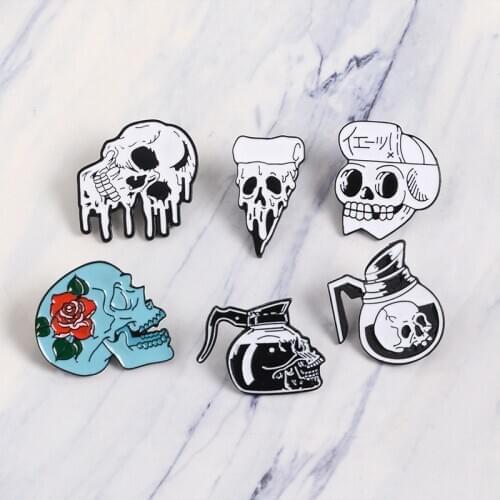 2019 Punk Gothic Skeleton enamel pin Rose Skull Coffee Pot Pizza dark button badge brooch Jewelry Gift for friends bag trinket