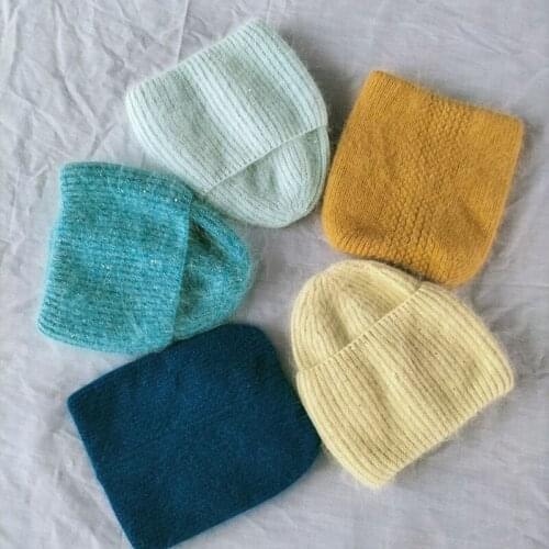 2021 Rabbit Fur Winter Hat for Women Solid Beanie Cashmere Wool Cap Female Knitted Skullies Beanies Warm Soft Knit Hat Bonnet