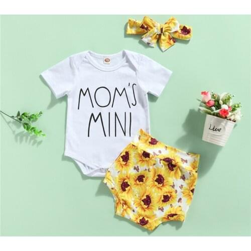 3Pcs 0-18Months Newborn Girls Short Sleeve Romper+Shorts+Bow Headband,Sunflower Print Elastic Waist Summer Casual Clothes Sets