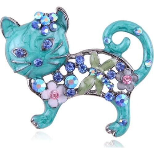 50pcs/lot Lovely Custom Enamel Cat Brooches Women Metal Rhinestone Flower Animal Casual Brooch Pins Gifts