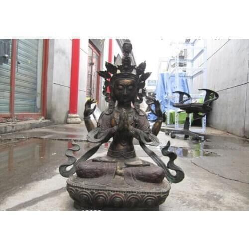 Fast shipping USPS to USA S3149 24 Tibet Folk Fane Old Bronze painted Four-armed Avalokitesvara Buddha Statue