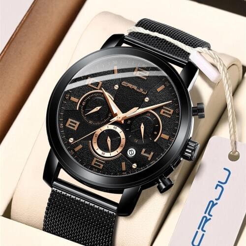 Man Fashion Watches CRRJU Men Unique Luxury Sport Dress WristWatch Stainless Steel Mesh Strap Men Waterproof Casual Date Watches