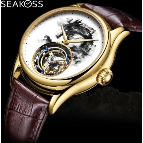 Seakoss Men Dragon Tourbillon Watch Sapphire Luxury Watches Top Brand Mens Crocodile Leather Corgeut Mechanical Wristwatches