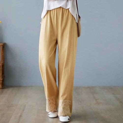 Long Autumn Pants 2021 New Arrival Cotton Linen High Waist Women Casual Pants Embroidery Straight Wide Leg Pants Spring Trousers
