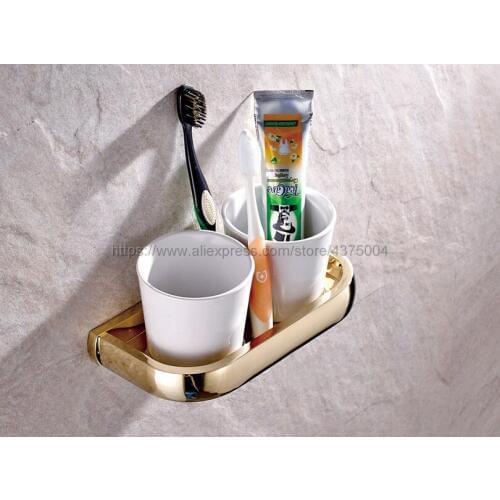 Double Cup Holder Toothbrush Holder with Ceramic Cups Luxury Gold Color Brass Rack Tumbler Holder Wall Mounted Nba846