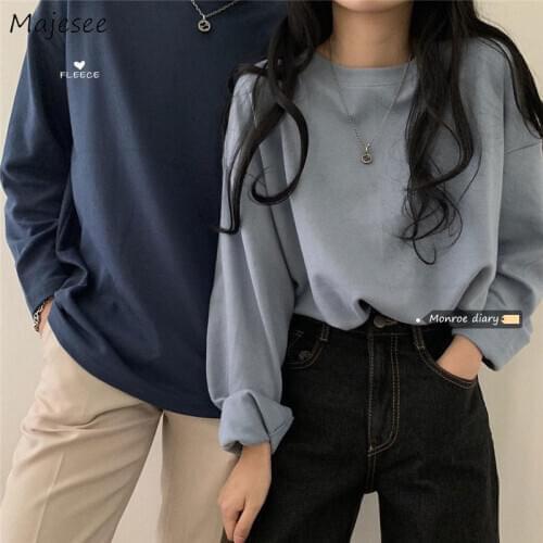 T-shirts Womens Autumn Long Sleeve O-neck Casual Basic Solid Couple Loose Korean Style Tee Tops Female Soft Daily Trendy Classic
