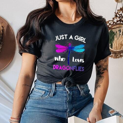 Just A Girl Loves Dragonflies Women Graphic Tee Aesthetic Clothes Short Sleeve T Shirts Female Vintage Casual Tops Ropa De Mujer
