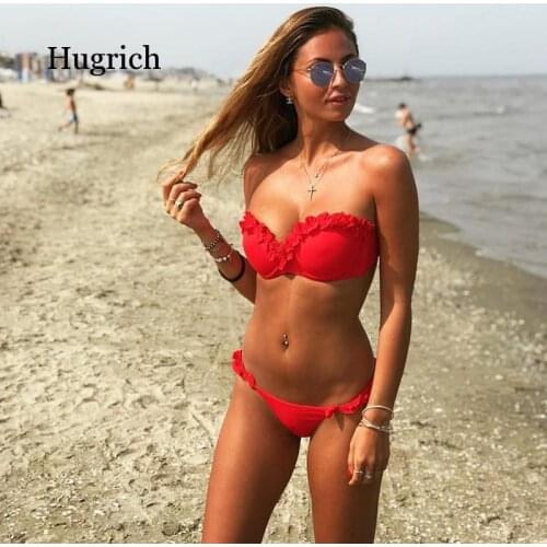 Bikini Set Underwire Flower Ruffles Swimsuit for Women Sexy Solid Bandeau Female Bathing Suit 2018 Summer Biquini