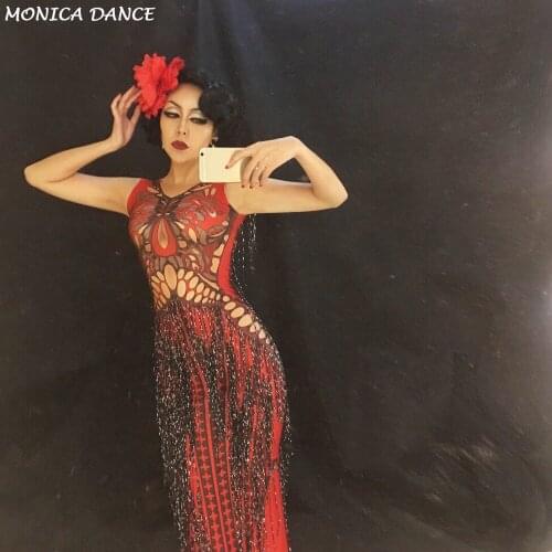 Red Butterfly Black Tassel Women Sexy Skirt Christmas Dj Nightclub Party Performance Stage Wear Costume Sparkling Costumes