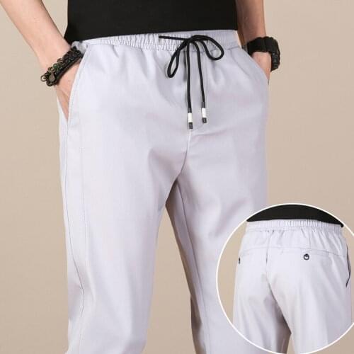 Summer Fashion Mens Casual Pants Cool and Light Slim-fit Solid Color Drawstring Trousers Young Students Trend Street Clothing