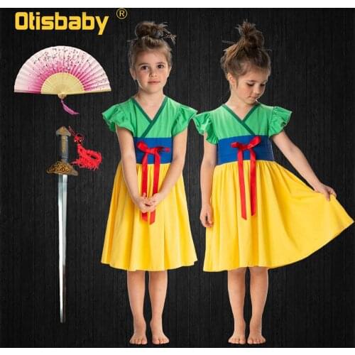 Summer Infant Girls Mulan Dress Halloween Carnival Mulan Cosplay Costume Mulan Wig for Children Birthday Party Toddler Dress Up
