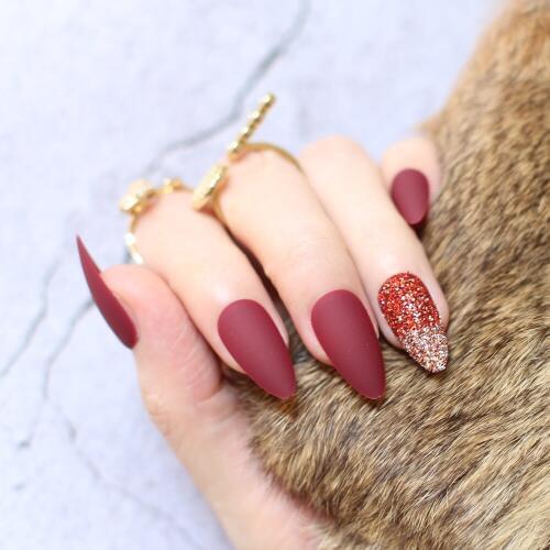 Stiletto Matte fake nails Glitter Powder Ruby red Gradient black Wedding False nails blue 28pcs full set