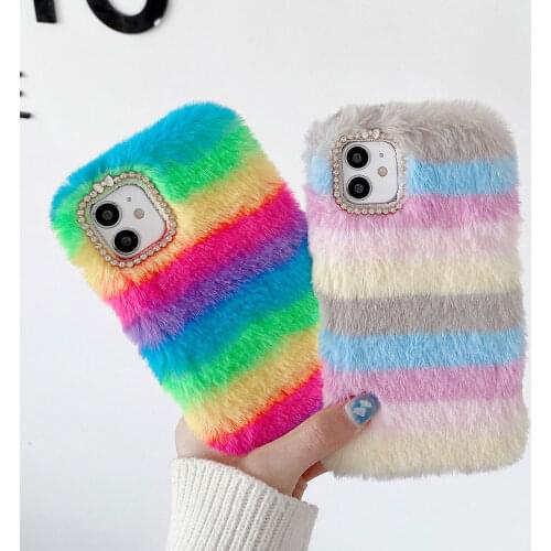 Fashion Rainbow Warm Plush Phone Case for iPhone 12 Pro Max XS 11 Pro XR X Furry fluffy Fur Cover for iPhone 6 6S 7 8 Plus Case