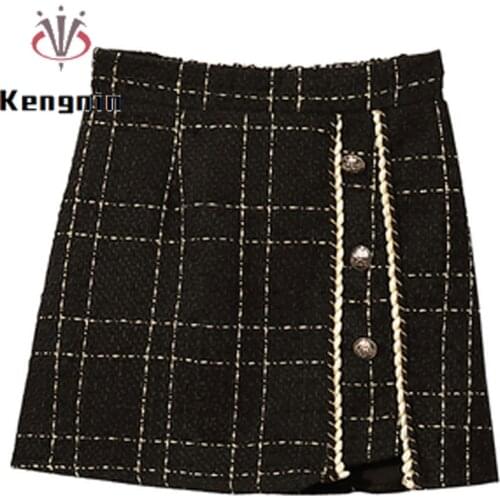 2021 Autumn Winter Women Mini Skirt Vintage Plaid Casual Female Skirts Loose Oversized Office Lady Work Black Skirts KE1737