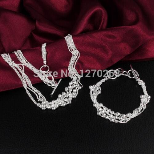 S009 Fashion Jewelry Set silver plated six lines of light bead necklace & bracelet beautiful Christmas gift for woman