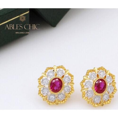 18K Gold Tone 925 Silver Filigree Flower Solitaire Ruby CZ Earrings Gemstone Blossoms Renaissance Studs Earring C11E4S25394