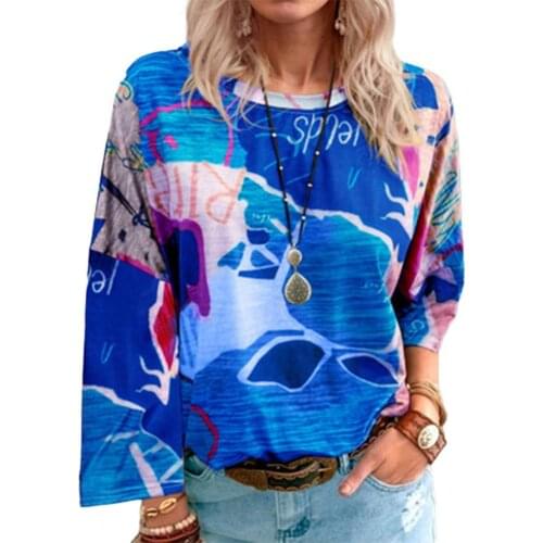 Women Fashion T-shirt Map Print All Match Summer Autumn Ethnic Style O Neck Long Sleeve Blouse Streetwear