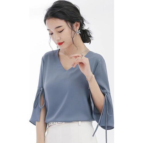 Women Spring Summer Style Chiffon Blouse Casual Half Sleeve V-Neck Solid Color Blusas Tops Blue White Brown DD2224