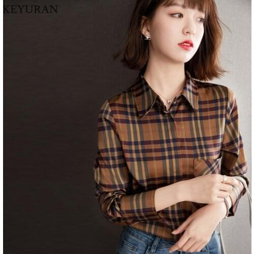 Woman Blouses Plaid Pocket Shirt Women Vintage Long Sleeve Top 2021 Spring Plus Size Women Clothing Casual Korean Tops