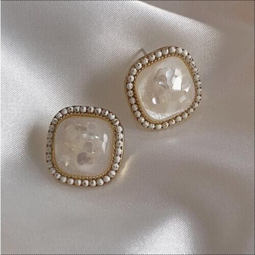 Unusual Earrings For Women 2021 Trend Goth Stainless Steel Jewelry Pendant Vintage Undefined Ear Studs Shell Zircon Square White