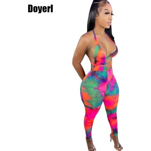 Bandage Tie Dye Hollow Out Sexy Bodycon Rompers Womens Jumpsuit Summer One Piece Halter Backless Jumpsuit Party Club Outfits