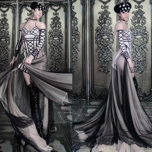 Flashing Rivets Dress Women Long Sleeve Birthday Prom Party Long Voile Tail Dresses Female Sexy Nightclub Singer Dancer Costume