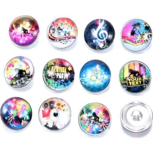 12pcs/lot Cool DJ Music Pattern Charms 18mm Glass Snap Button For DIY Charms Bracelet 18mm Snaps Jewelry KZ0165