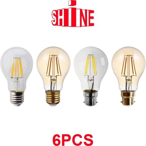 6pcs/Lot Retro Edison Filament Bulb A60 6W Decor for Chrismas E27 B22 220V Vintage Lamp 2500K 4000K Home Decoration