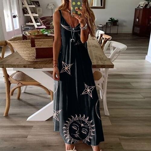 Boho 2021Loose Maxi Dress Women Casual Sleeveless Camisole V-neck Moon Star Sun Print Tank Long Dress Plus Size S-5XL Vestidos