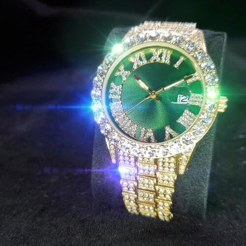 MISSFOX Luxury Brand Watch Mans Green Round Dial Men Gold Watches Big Diamnd Bezel Calendar Stainless Steel Top Watch Male