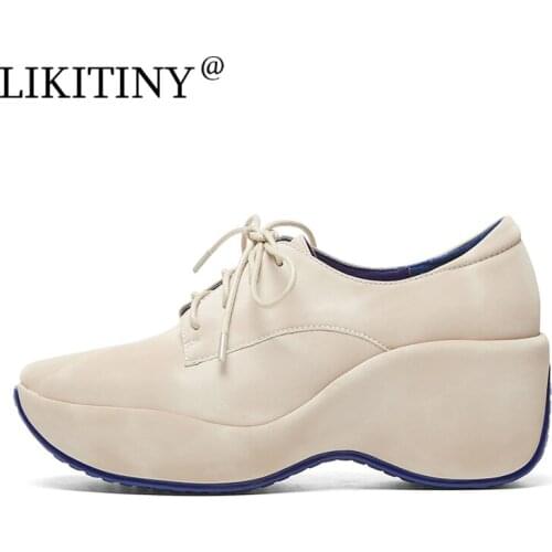 LIKITINY 2021 Fashion Autumn High heels Women‘s shoes Leisure Black lace up Wedges Platform genuine Leather Pumps Casual Shoes