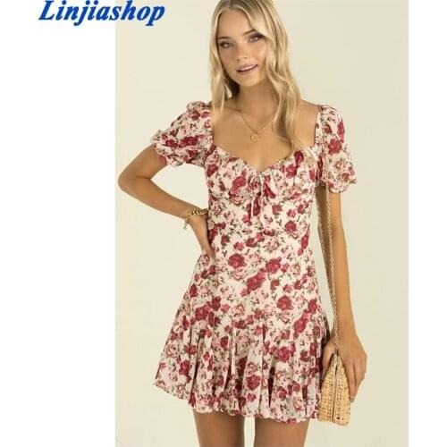 Fashion Women Rose Flower Square Collar Summer Dress Short Sleeve Chic Female Mini Dress Vestidos