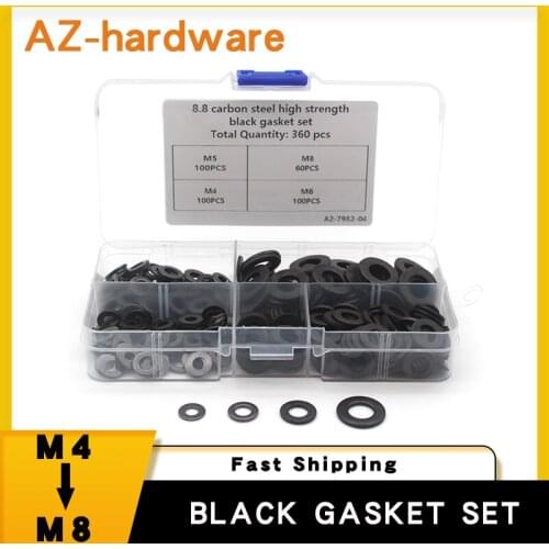 360PCS 8.8 Grade Carbon Steel High-Strength Black Gasket Set M4 M5 M6 M8 Boxed Combination Washer