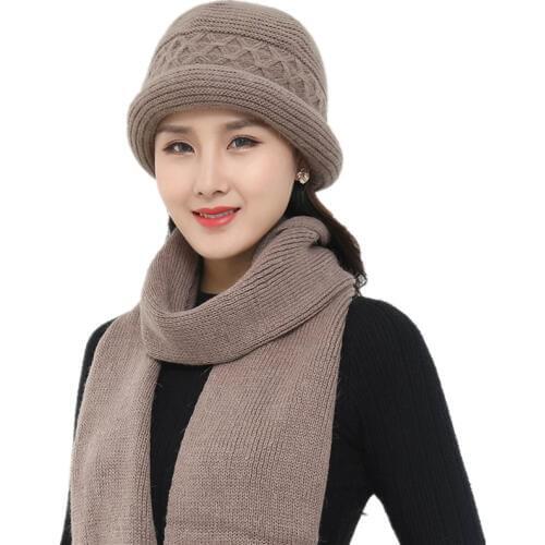 2020 New Knitted Rabbit Fur Winter Hat Scarf Set Women Thick Cotton Beanies Scarf Female Mom Warm Winter Accessories Girls Gift