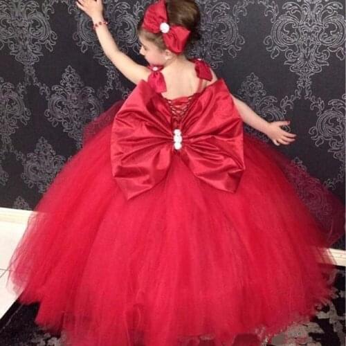 New Red Girls Bitthday Party Gowns with Big Bow Tulle Flower Girl Dress For Wedding Vestido Kids Clothes