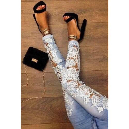 Sexy Womens Hollow out Crochet jeans low waist Lace washed Denim Jeans pencil Pants for women