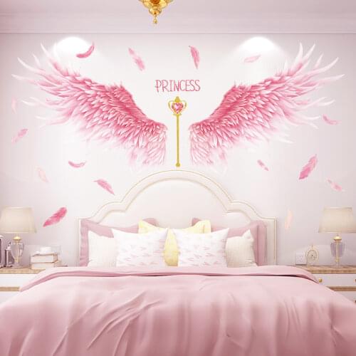 Pink Feathers Wings Wall Stickers DIY Cartoon Scepter Wall Decals for Kids Rooms Baby Bedroom Nursery Home Decoration