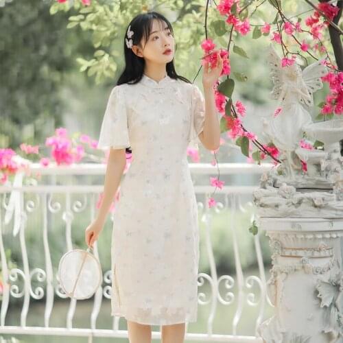 Lotus Leaf Sleeve Gentle Retro Dress Women Modern Chic Girl Improved Vintage Print Slim Temperament Cheongsam Vestido Summer
