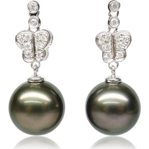 Free Shipping AAA Black Green Tahitian Sea Cultured Pearl Diamond Drop Earrings 18K White Gold