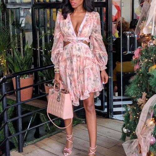 French Holiday Style Chiffon Dress New Summer Women Floral Print Long Sleeves Dress Hollow Out High Waist Sweet Beach Dress