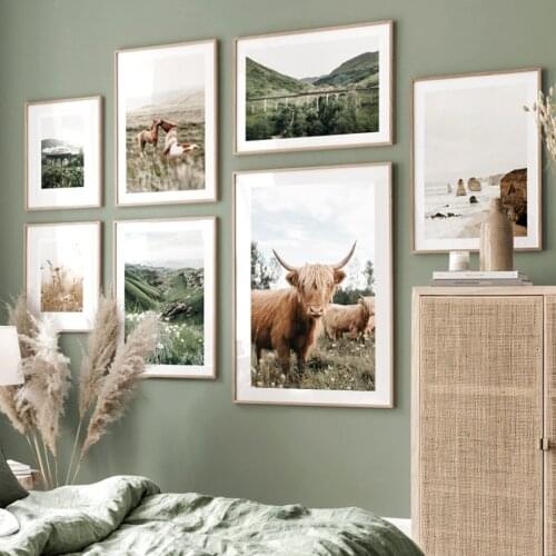 Cattle Horse Mountain Bloom Flower Train Sea Cliff Nordic Poster Wall Art Print Canvas Painting Decor Pictures For Living Room