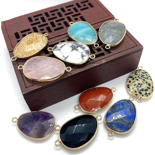 Natural Stone Pendant Connector Irregularly Carved Spot Stone White Turquoise Double Ring Jewelry Making Necklace Accessories