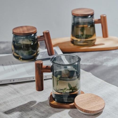 Wooden Handle Glass Tea Cup Creative Borosilicate Glass Infusion Of Mugs With Filter Wooden Lid Mugs For Water Milk 300ML